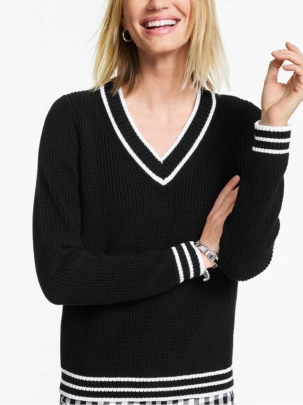 Talbots Black Cotton V Neck Sweater with White Stripe Trim